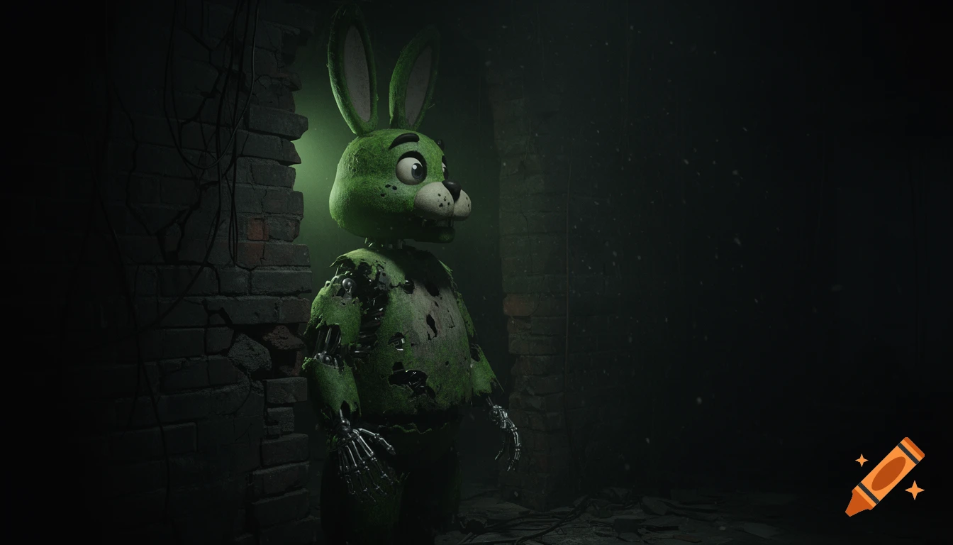 A damaged green animatronic rabbit with exposed endoskeleton stands in a dark, eerie room by a broken brick wall.