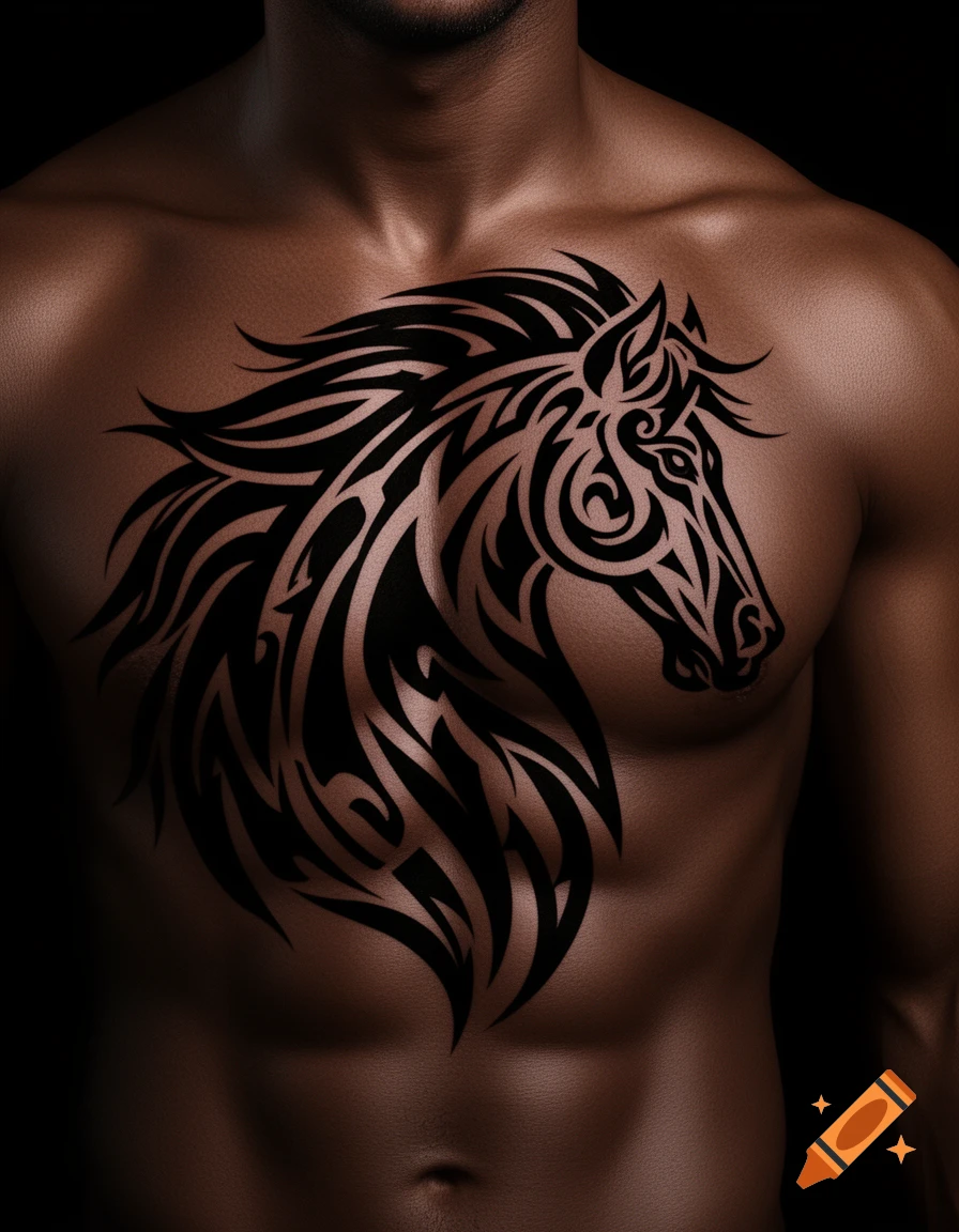 A bold tribal horse head tattoo on the muscular chest of a dark-skinned man.