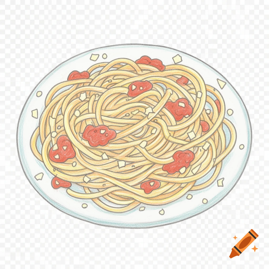 Doodle-style illustration of a plate of spaghetti with tomato sauce and cheese bits on a transparent background.