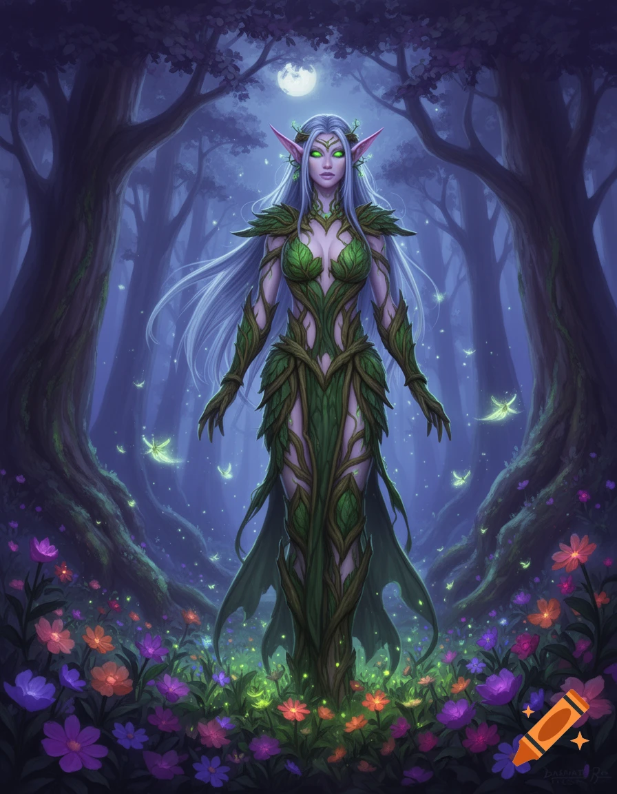 An ethereal white-haired elf woman in a green leaf dress, with glowing eyes and pink ears, stands among colorful flowers in a mystical, moonlit forest.