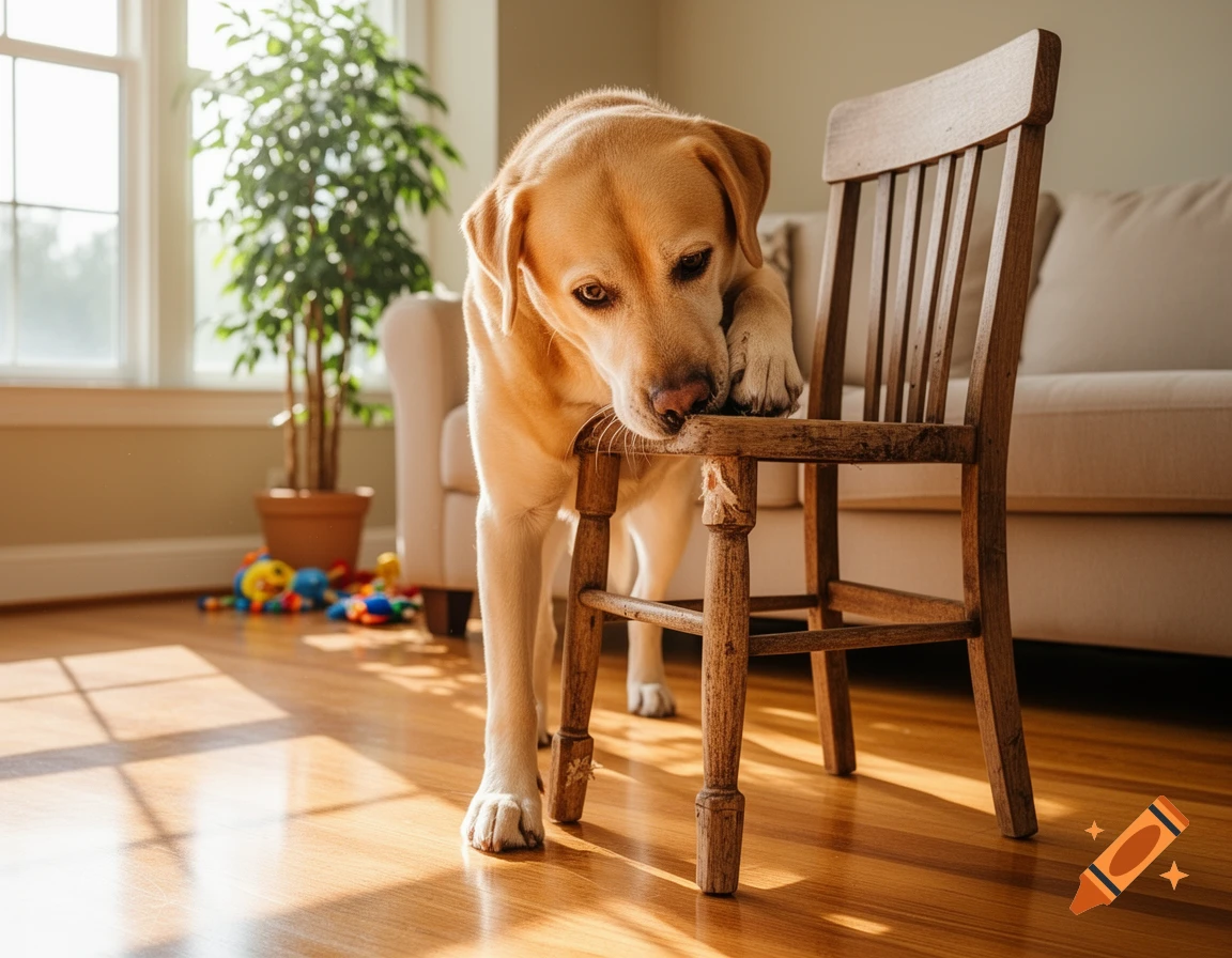 A golden labrador dog rests its paw on a wooden chair in a sunlit living room, photorealistic.