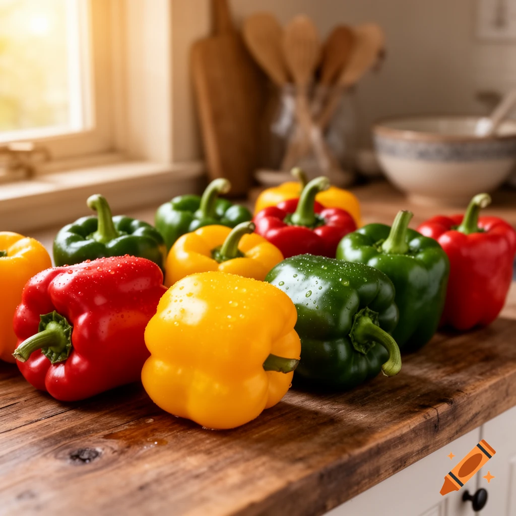 Fresh red, yellow, and green bell peppers with water droplets on a wooden kitchen counter.