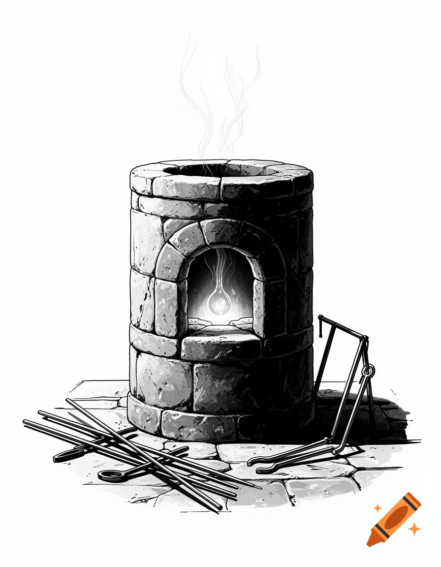 Black and white illustration of a stone furnace with a glowing orb inside, smoke rising, and metal tools on the ground.