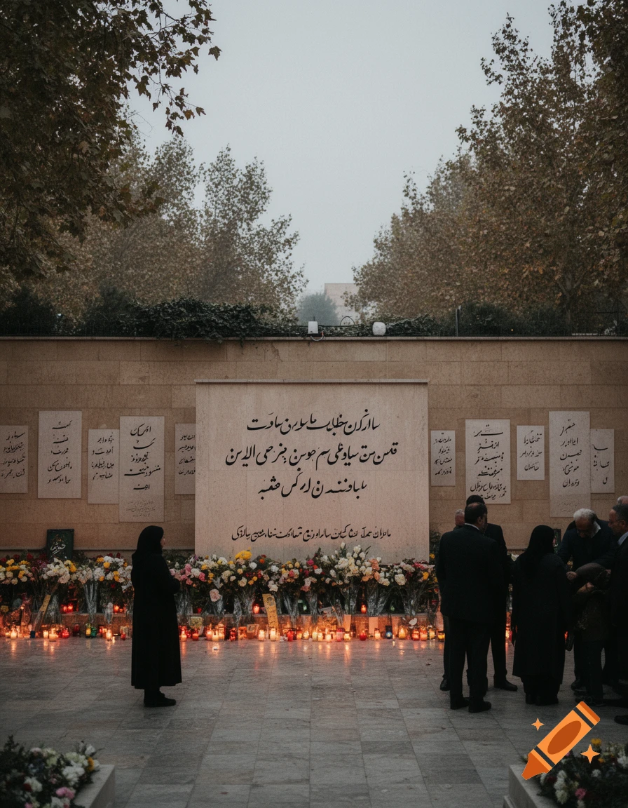 People gather at a solemn outdoor memorial, adorned with candles and flowers, featuring large Persian script on a central wall under a cloudy sky.