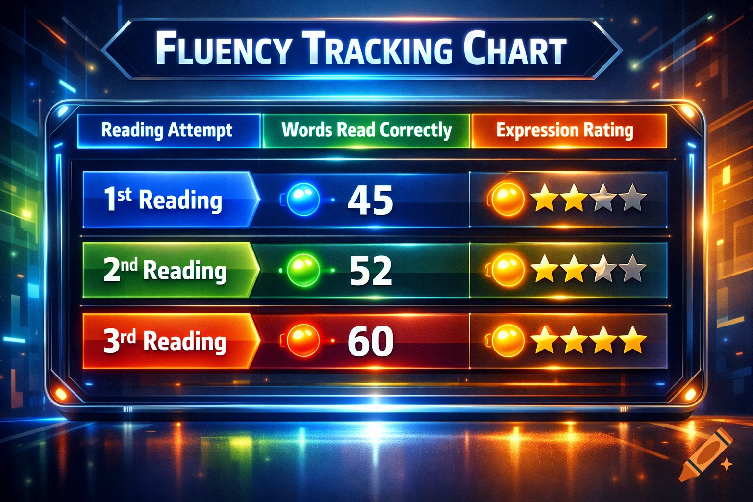 A glowing, futuristic digital chart displaying fluency tracking with reading attempts, words read correctly, and star-based expression ratings.