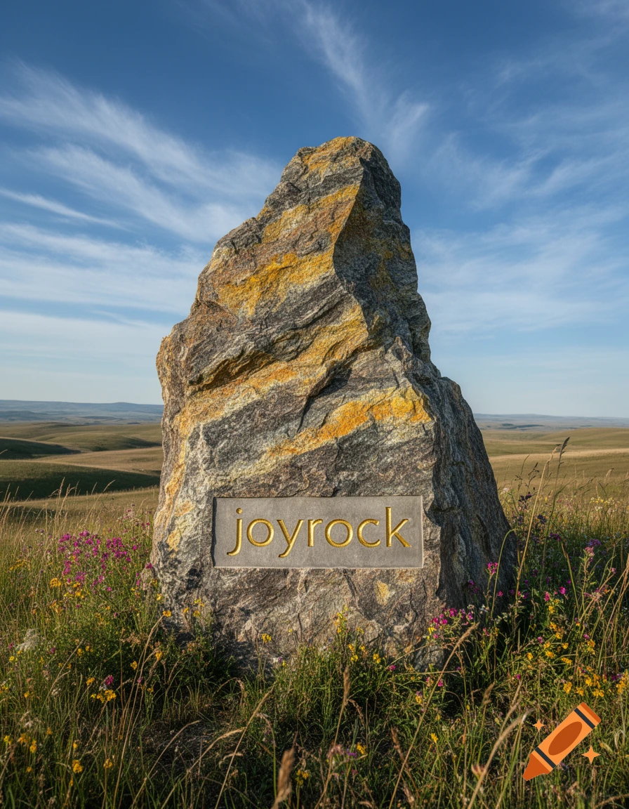 A large rock with the word "joyrock" carved into it stands in a grassy field with wildflowers under a clear blue sky.