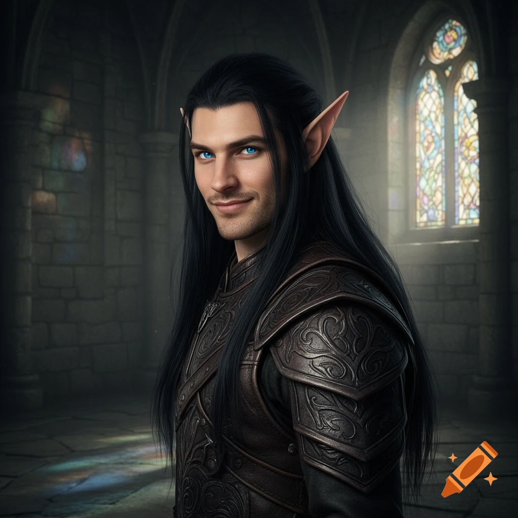 A handsome male elf with long black hair and blue eyes, wearing dark leather armor, smiles in a stone hall with a stained glass window.