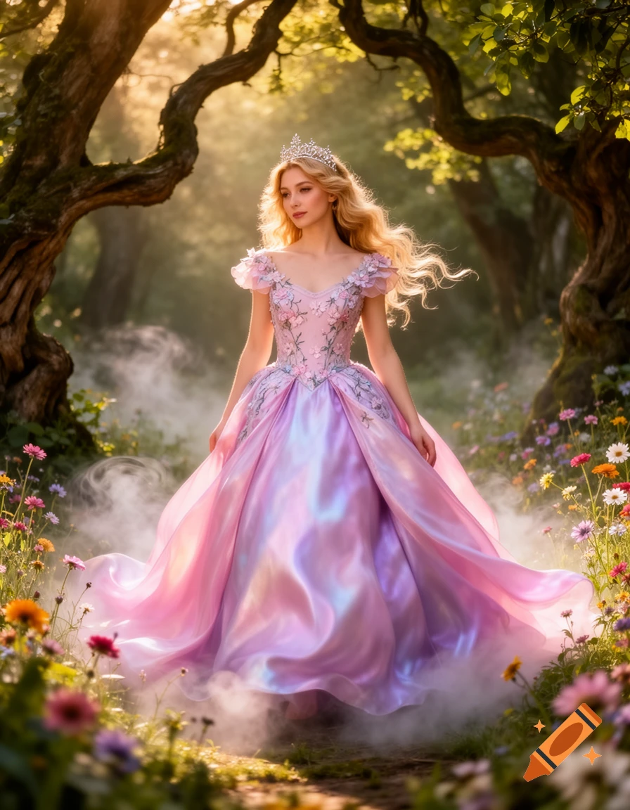 A beautiful blonde fairy tale princess in a shimmering pink gown and tiara walks through a sunlit, misty forest path adorned with wildflowers.