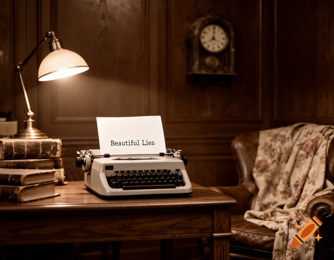 A vintage typewriter on a wooden desk with a stack of old books, an illuminated desk lamp, and a leather armchair with a blanket in a dimly lit study. The paper in the typewriter reads "Beautiful Lies".