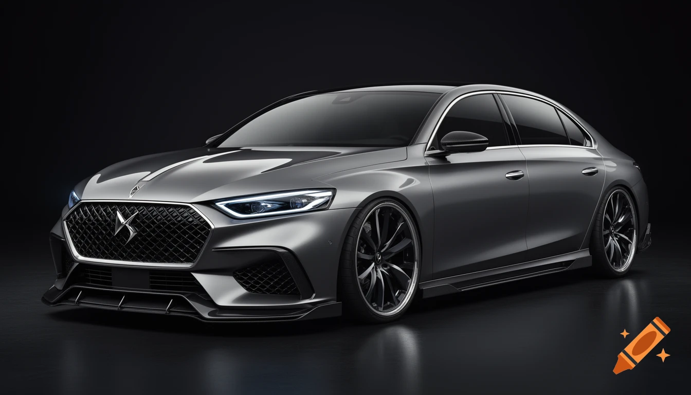 A front three-quarter view of a sleek, dark grey concept car with a prominent DS logo grille and sporty AMG-inspired design elements, shown in a dark studio setting with dramatic reflections.