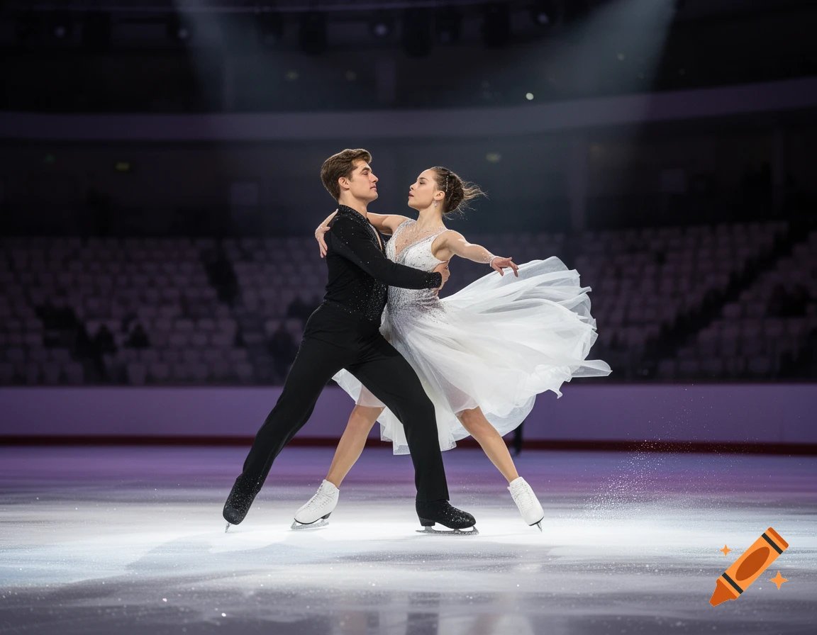 A male and female ice skating pair perform a routine on a brightly lit rink in an arena.