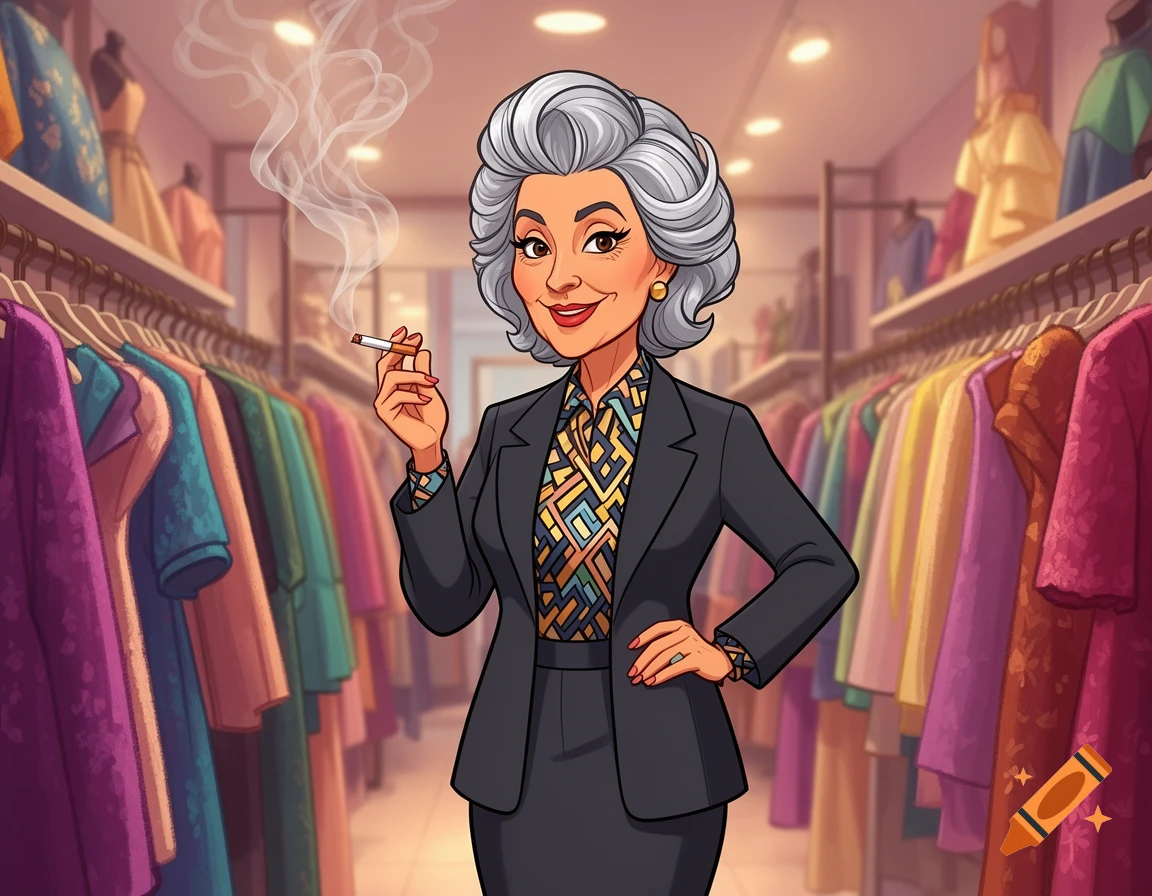 A smiling cartoon woman with gray hair, wearing a suit, smokes a cigarette in a colorful clothing store.