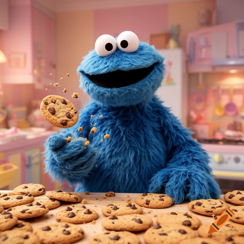 Photorealistic Cookie Monster happily looks at a floating chocolate chip cookie, surrounded by many cookies in a pink kitchen.