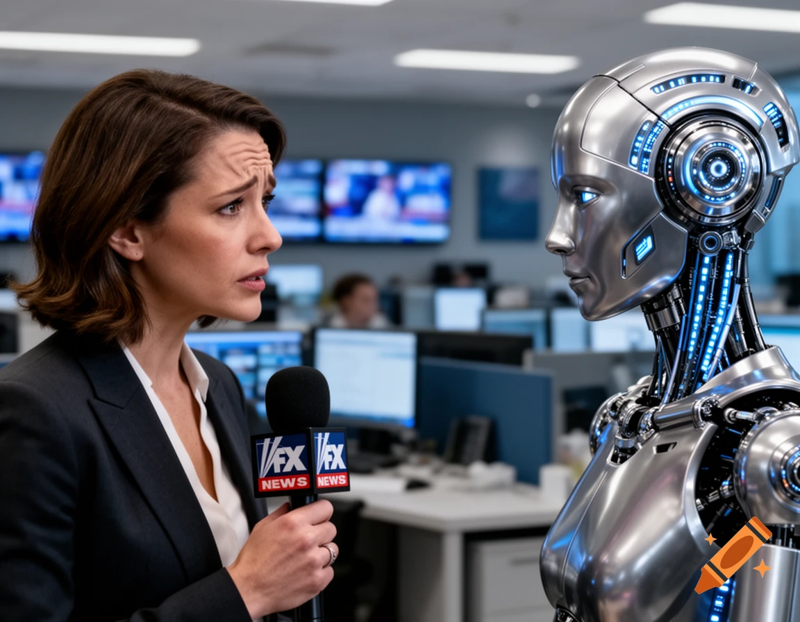 A worried news reporter holds a microphone towards a metallic, futuristic robot in a modern office or newsroom setting.