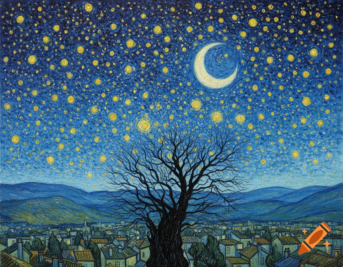 Van Gogh-style painting of a tree silhouetted against a swirling blue starry night sky with a crescent moon, overlooking a small town and mountains.