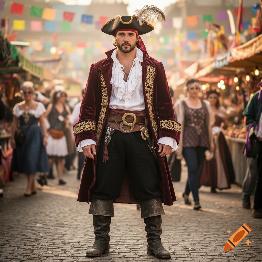 A photorealistic image of a man in a detailed pirate costume, standing confidently at an outdoor festival.