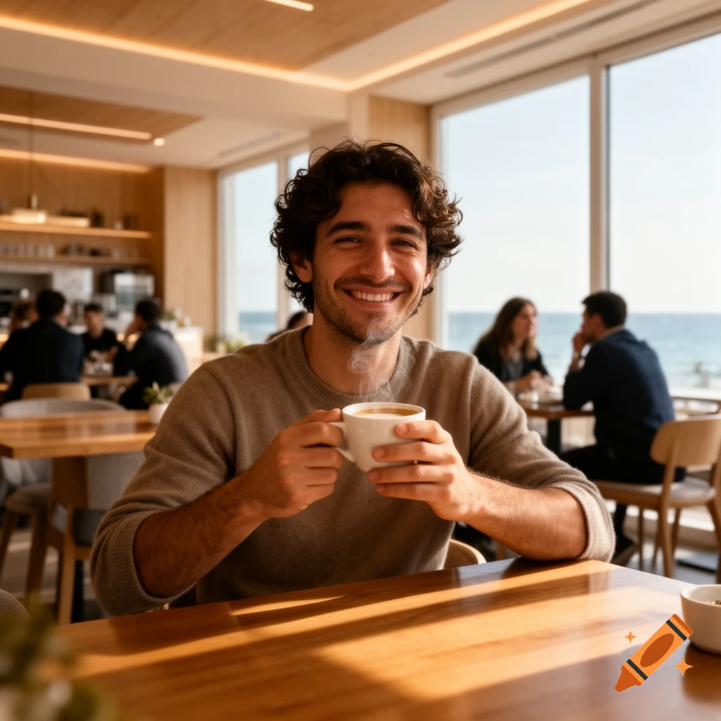 Smiling man with curly hair holds a steaming coffee cup in a bright cafe with large windows overlooking the sea.