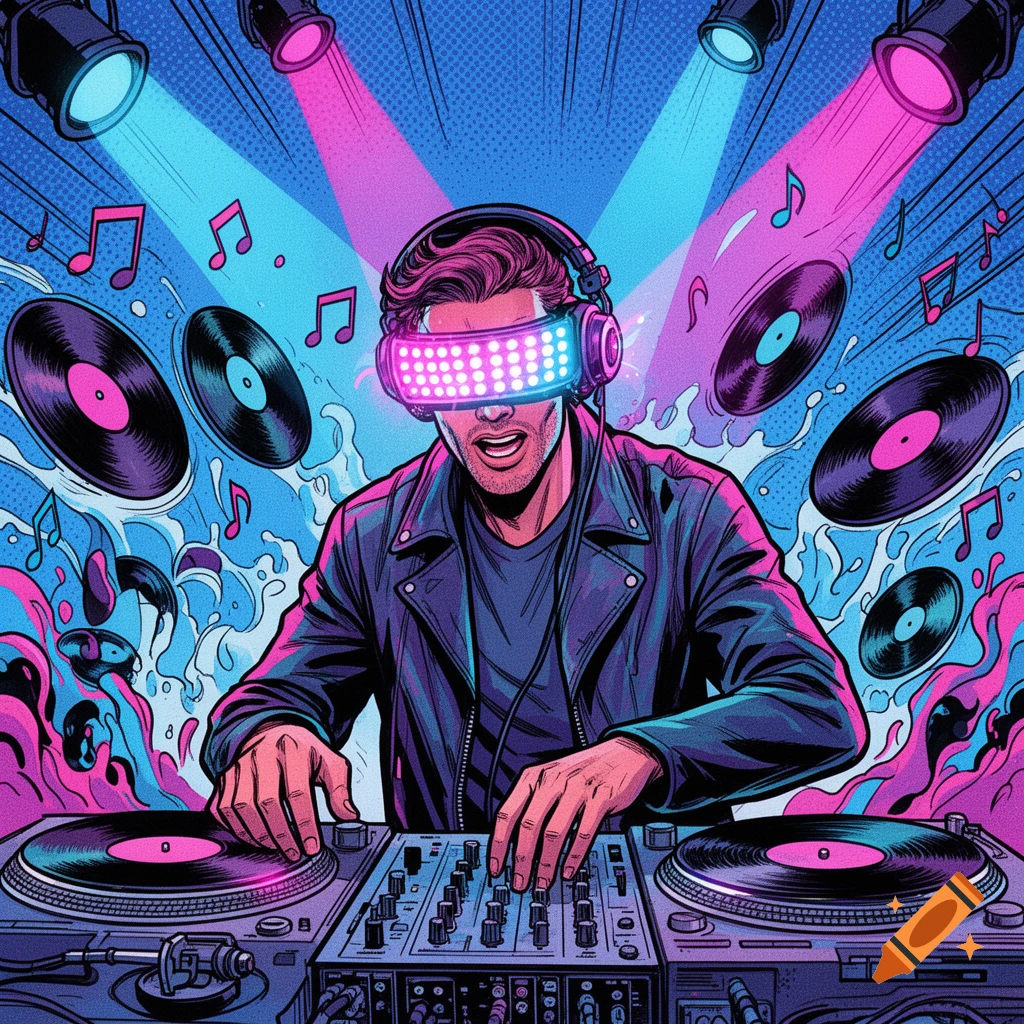 A comic art illustration of a male DJ wearing a futuristic visor and headphones, mixing music on turntables under neon pink and blue lights.