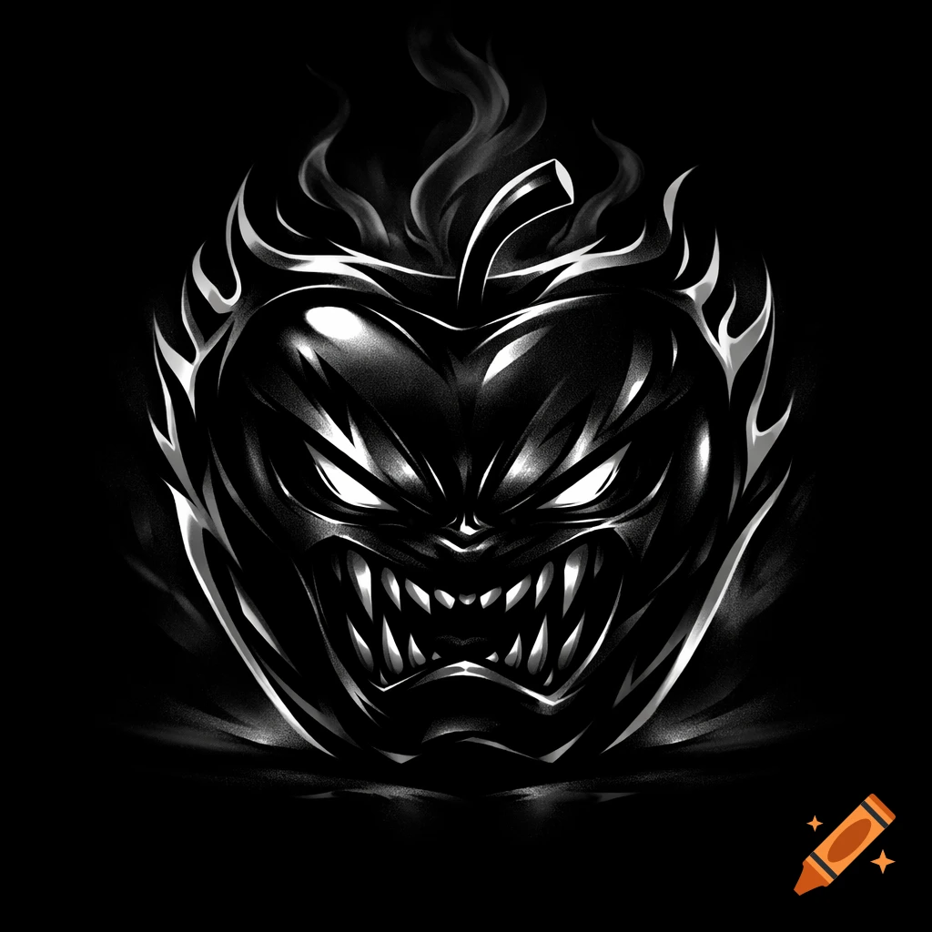 Stylized black and white logo of an angry apple with sharp teeth, glowing eyes, and smoke-like elements.