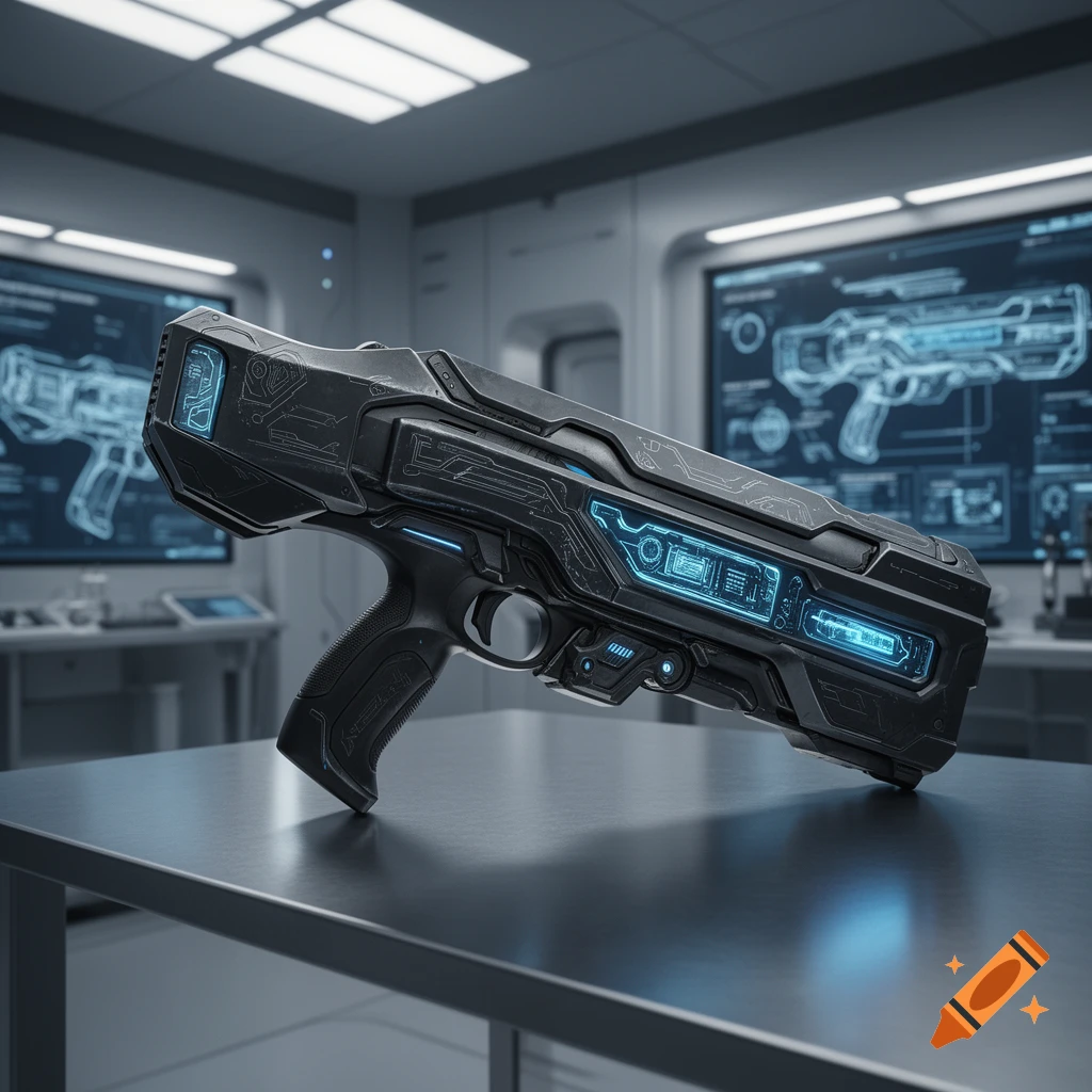 A detailed heavy futuristic weapon with glowing blue accents rests on a table in a dimly lit sci-fi laboratory.