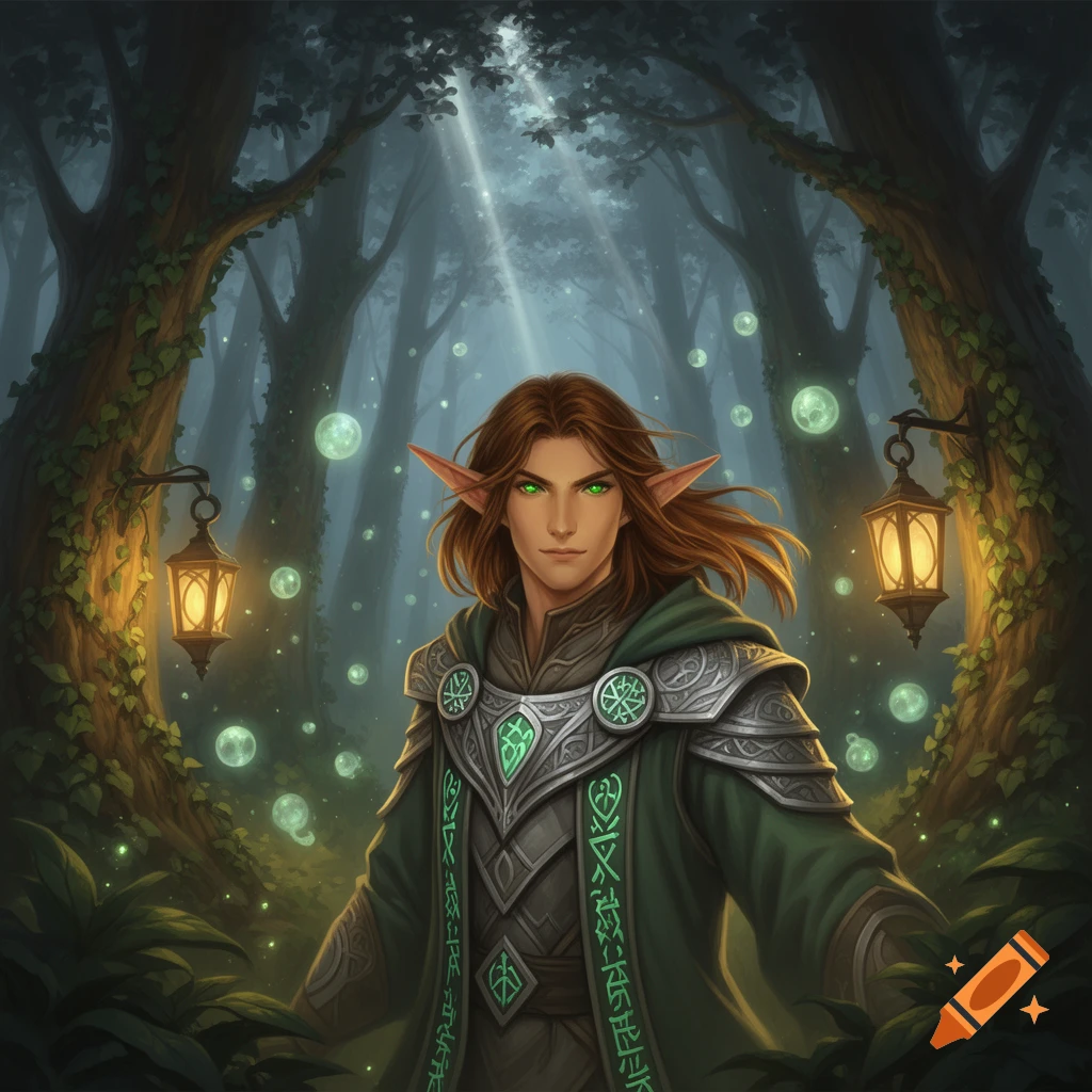 A male half-elf sorcerer with brown hair and glowing green eyes wears a ...