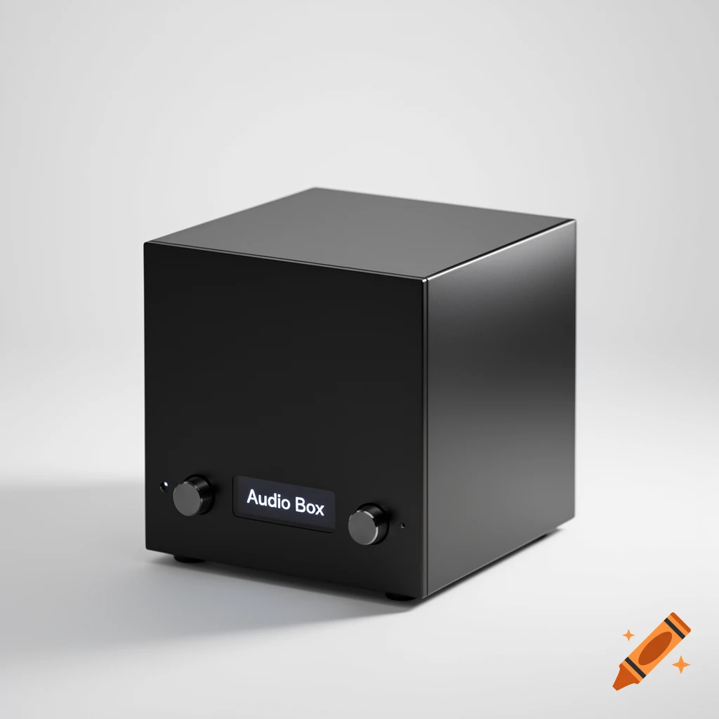 A sleek, black, cube-shaped audio box with a glowing display showing "Audio Box" and two control knobs on a white background.