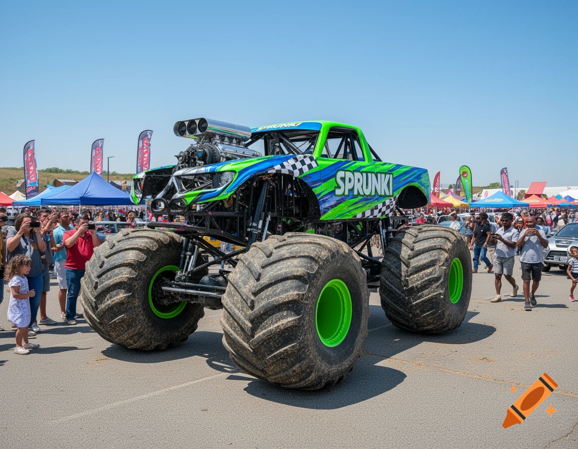 A large green and blue monster truck with 'SPRUNKI' on its side, parked outdoors at an event with people in the background.
