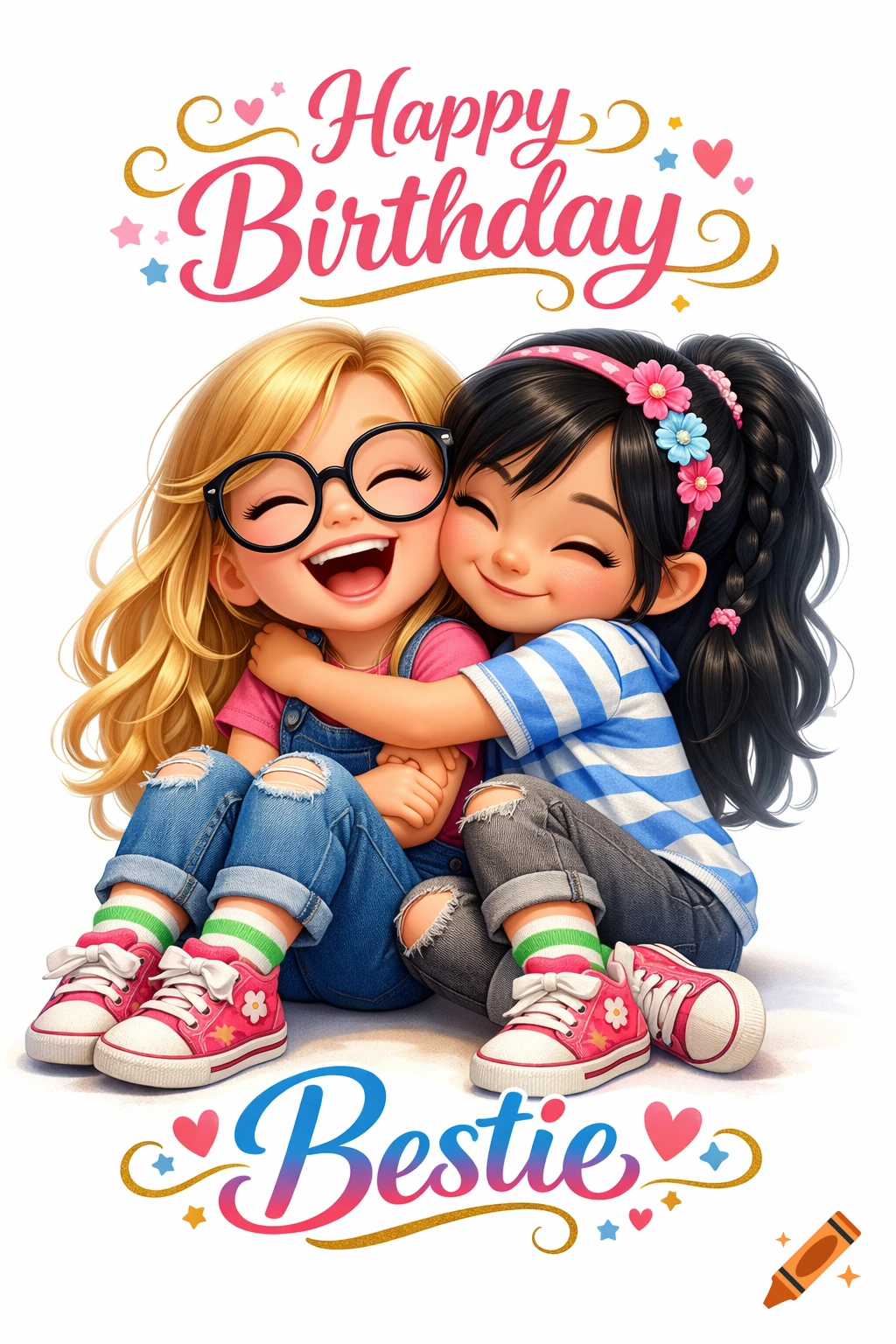 Two cute Pixar-style cartoon girls hugging happily, one with blonde hair and glasses, the other with dark hair, with "Happy Birthday Bestie" text, on a white background.