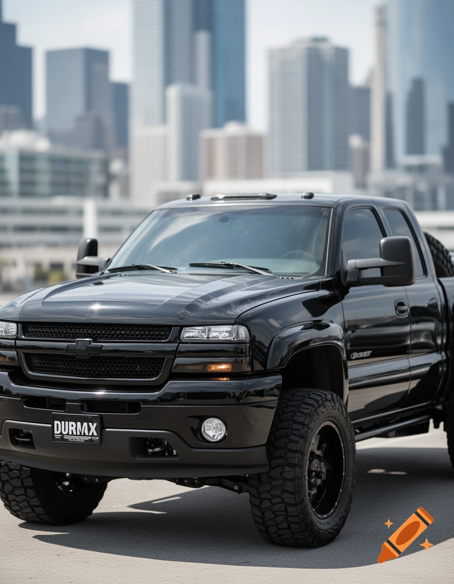 A black lifted pickup truck with large off-road tires and a black grille, parked on asphalt with a blurred city skyline in the background.