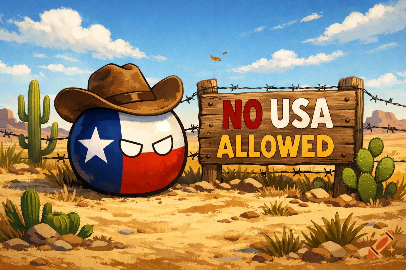 A cartoon Texas country ball in a cowboy hat stands in a desert next to a wooden sign reading 'NO USA ALLOWED'.
