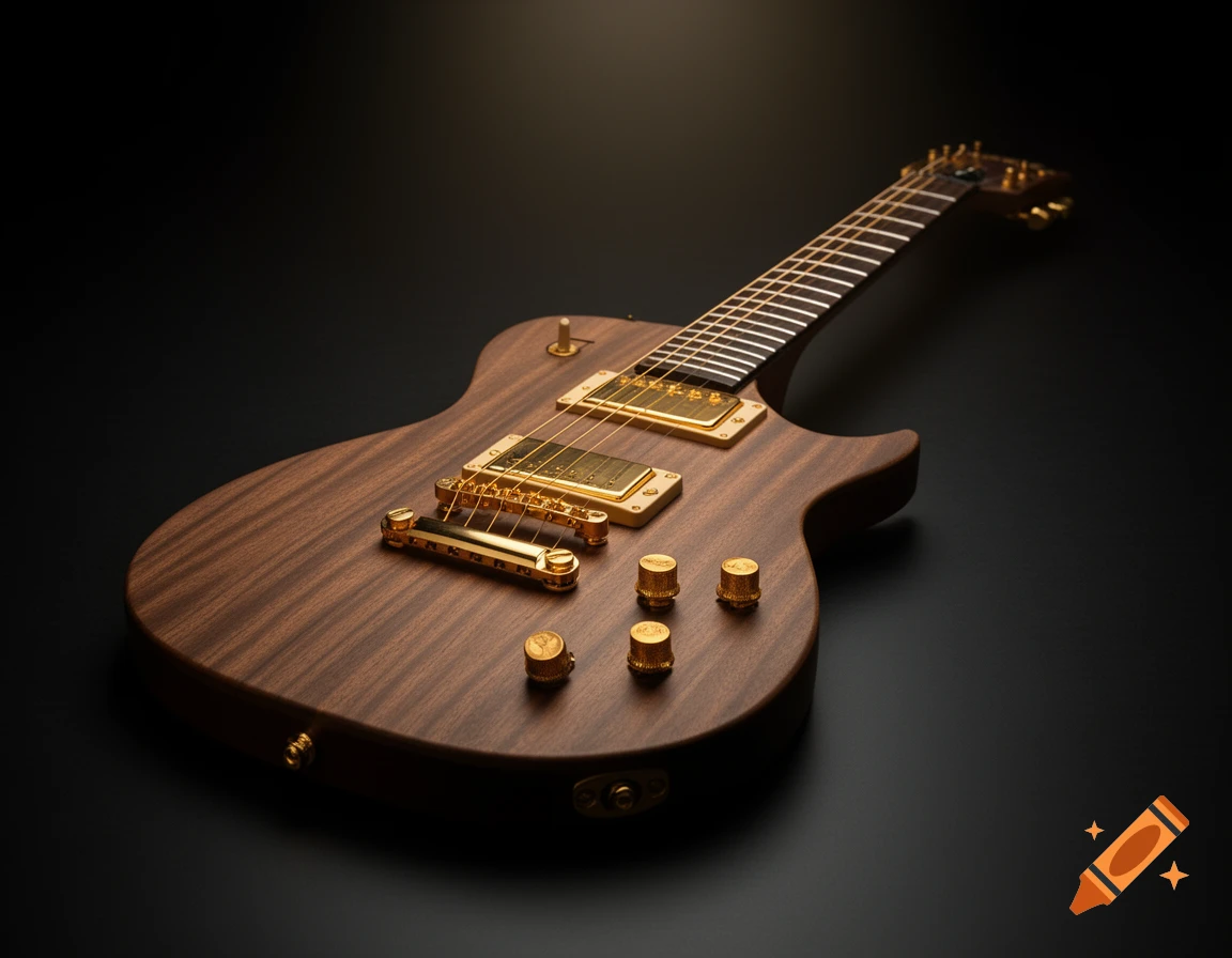 A matte brown wood grain electric guitar with gold hardware on a dark background.