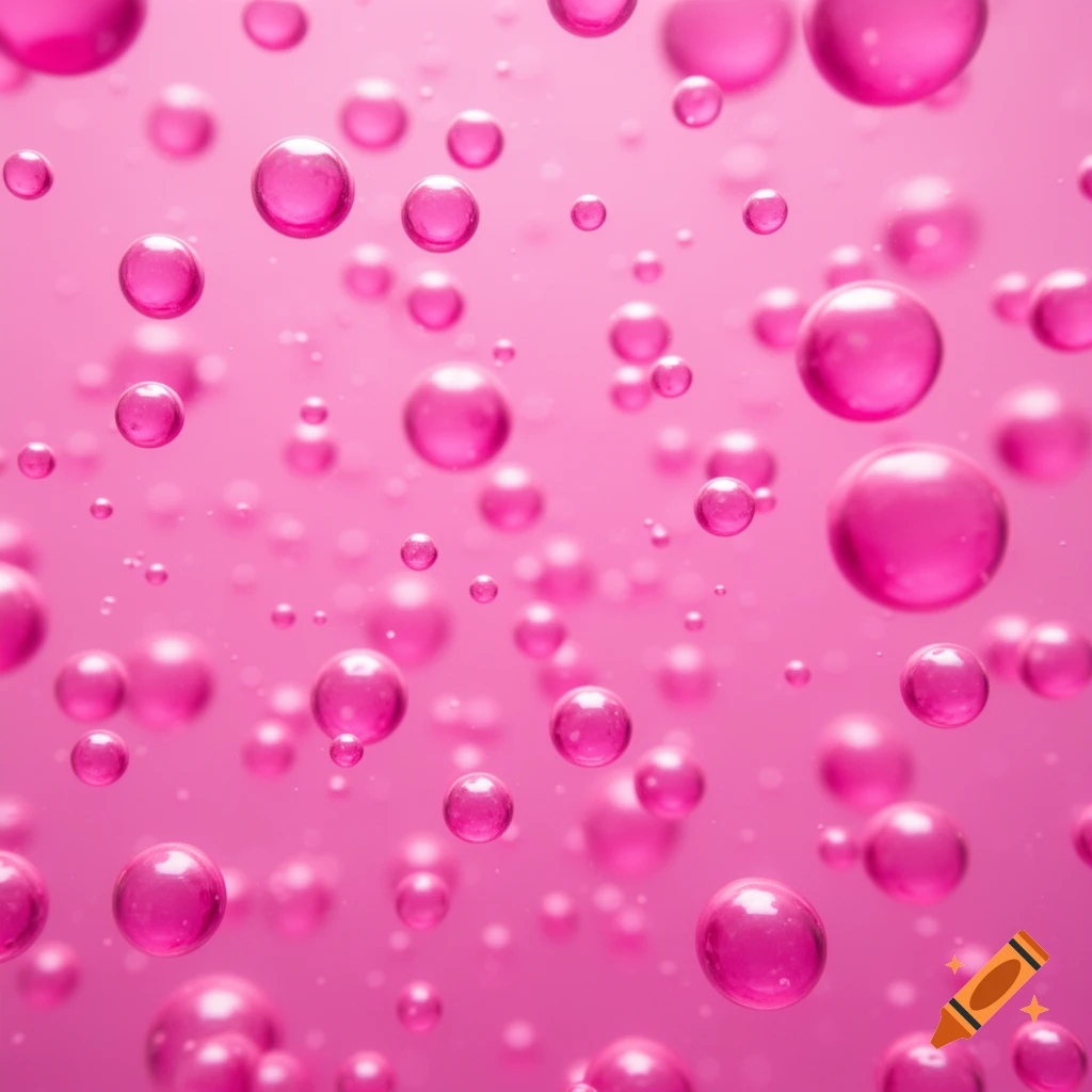 Numerous glossy pink bubbles of varying sizes float against a lighter pink background.