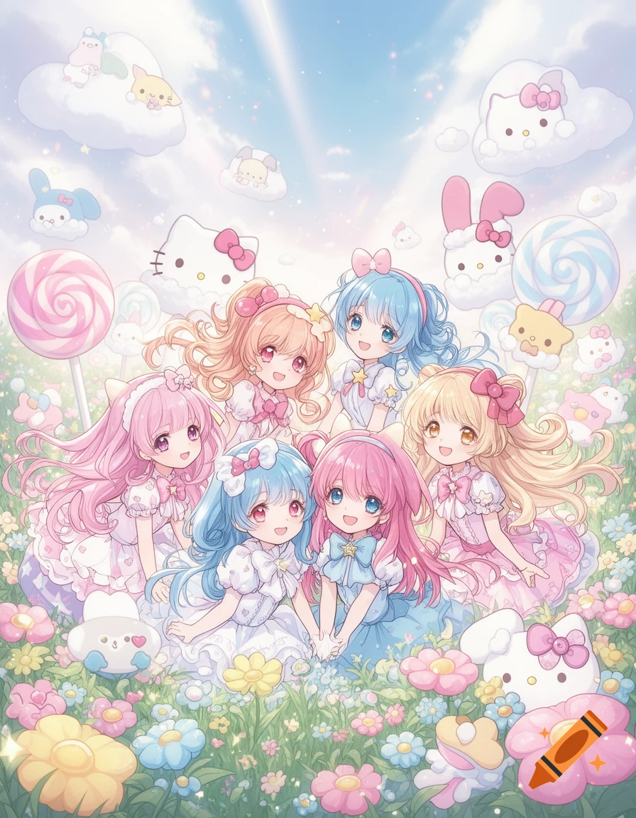 Six cute anime girls with pastel hair sit in a field of flowers under a sunny sky, surrounded by Sanrio character clouds and lollipops.