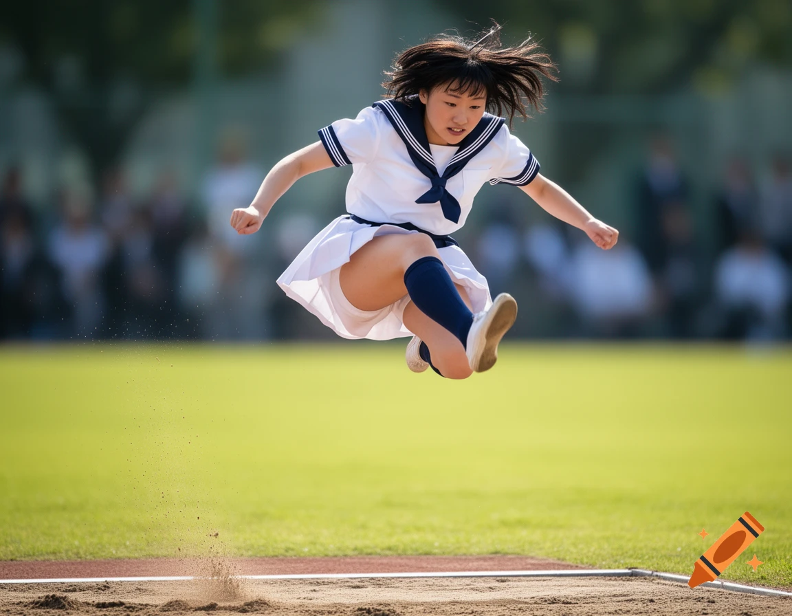 A female Japanese student in a sailor uniform jumps during a long jump competition on a sunny track.
