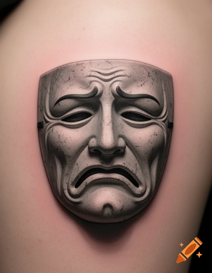 A photorealistic tattoo of a weathered, sad stone theatre mask on skin.