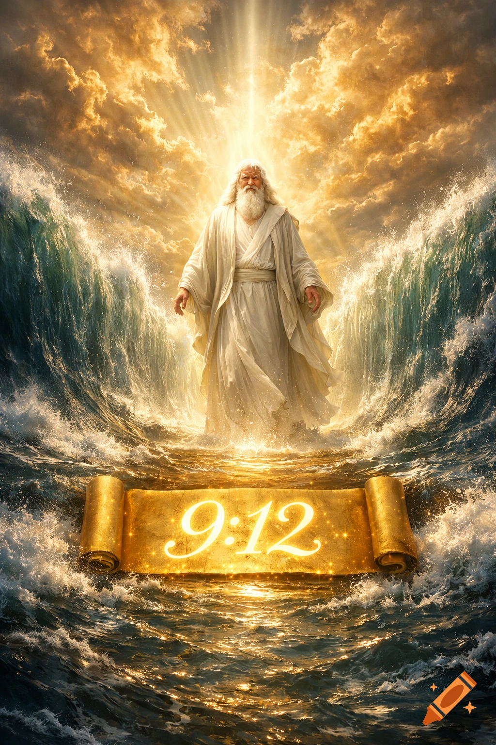 A majestic, bearded figure in white robes stands between parting golden seas under a radiant sky, with '9:12' on a luminous golden scroll below. Epic art style.