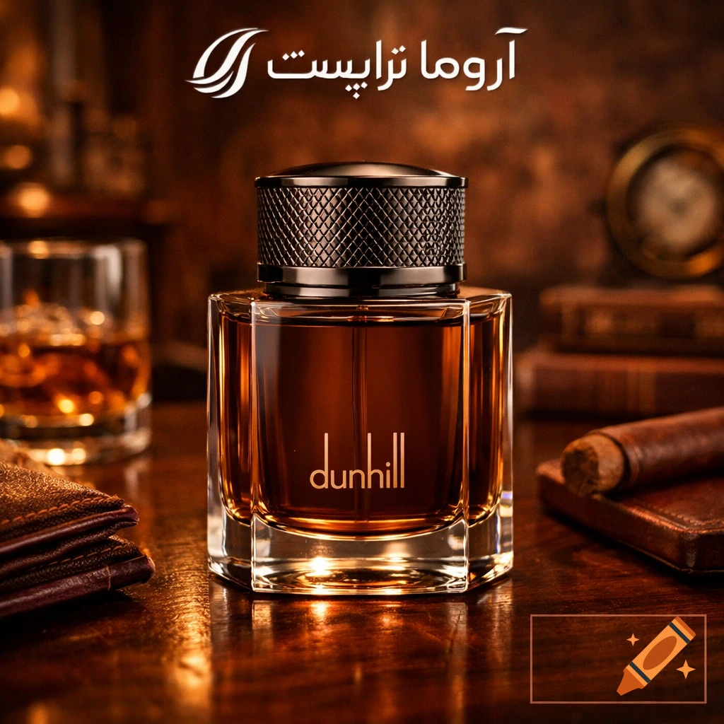 A brown Dunhill perfume bottle with a black cap, set on a wooden table with a glass of whiskey, a cigar, and leather goods in a warm, dimly lit room. The brand name "آروما تراپیست" is at the top.