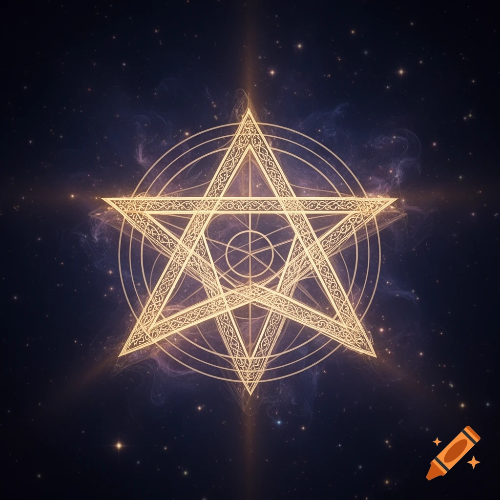 A glowing golden sacred geometry symbol, a star shape with intricate patterns and concentric circles, against a dark starry cosmic background.
