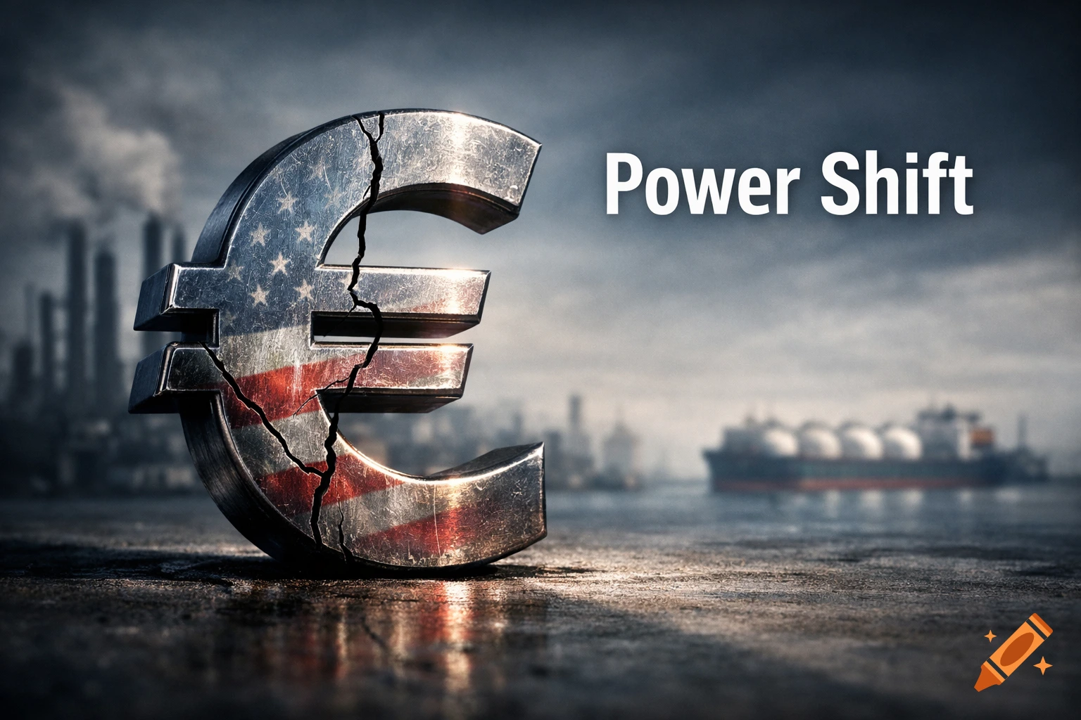 A cracked metallic euro symbol with an American flag pattern in an industrial harbor with smokestacks and LNG ships. Text: 'Power Shift'.