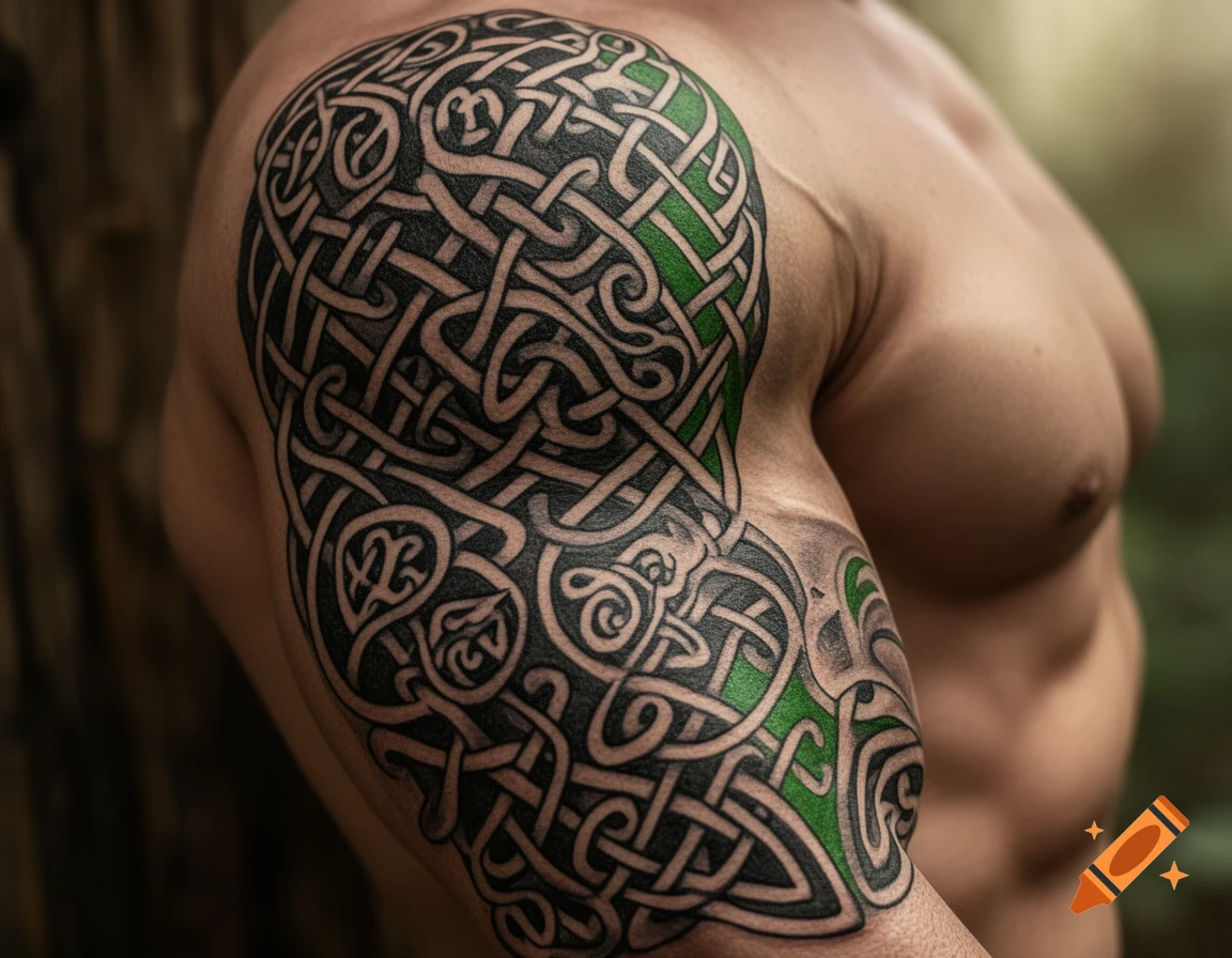 Photorealistic close-up of a muscular man's arm and shoulder with a large, intricate black and green Celtic knot tattoo.
