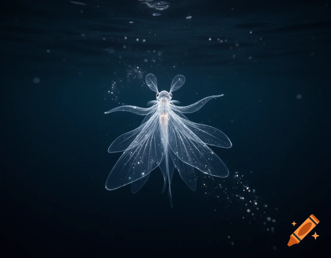 A translucent, glowing clione-like creature with wing-like fins swims in dark blue water, surrounded by sparkling particles.