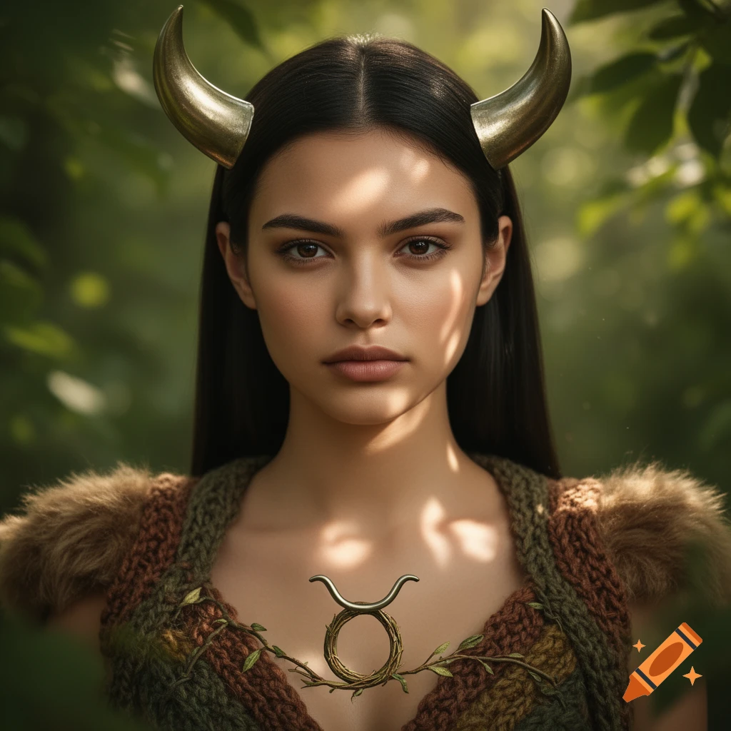 Photorealistic portrait of a woman with golden horns and a Taurus symbol pendant, wearing a knitted top in a forest.