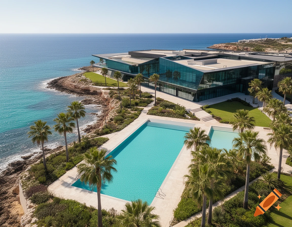 Aerial view of a modern glass building and turquoise swimming pools on a rocky coastline next to a clear blue ocean, surrounded by palm trees.