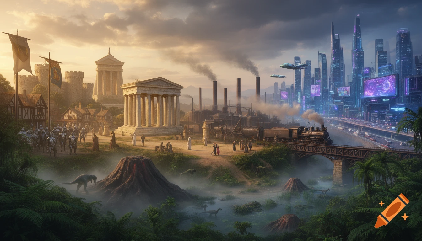 A panoramic landscape blends historical eras: prehistoric swamp with dinosaurs, ancient temples, medieval castle, industrial factories with steam trains, and a futuristic cyberpunk city with skyscrapers and flying vehicles, all under a dramatic sunset.