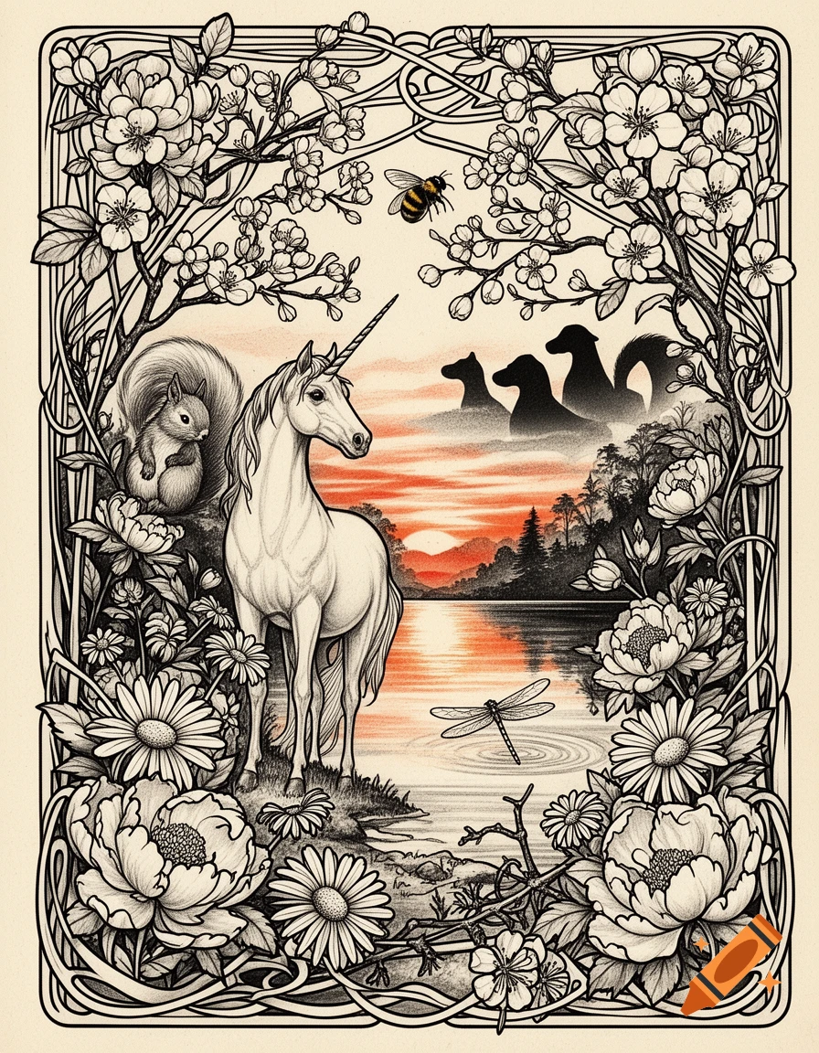 Art Nouveau tattoo design featuring a unicorn, squirrel, bee, and flowers by a lake at sunrise.