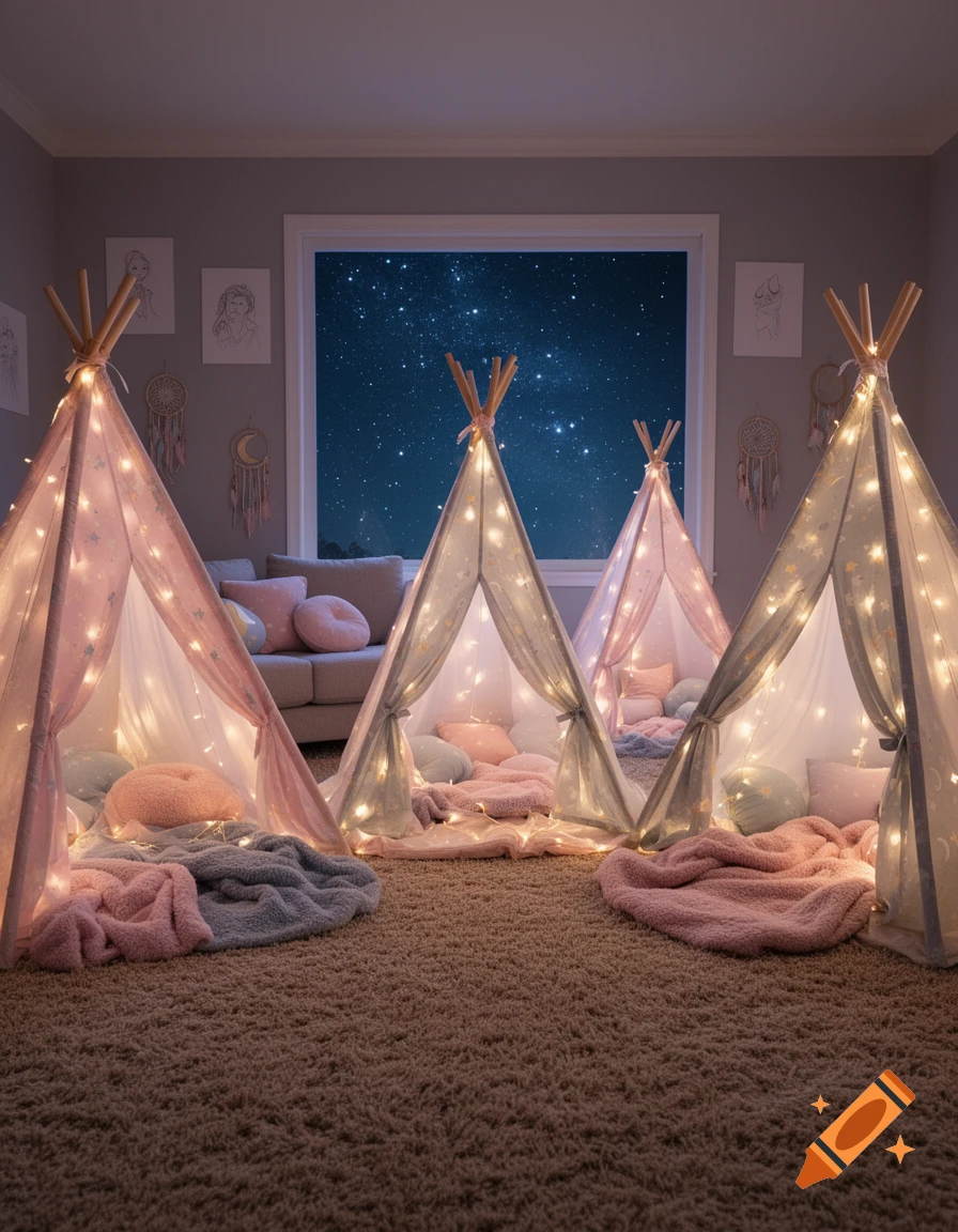 A dreamy indoor scene with three glowing teepees adorned with fairy lights, surrounded by plush blankets and pillows. A window reveals a starry night sky.