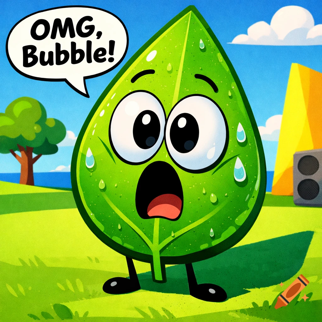 A cartoon leaf character with wide, scared eyes and sweat drops, exclaiming "OMG, Bubble!" in a speech bubble, standing in a grassy field.