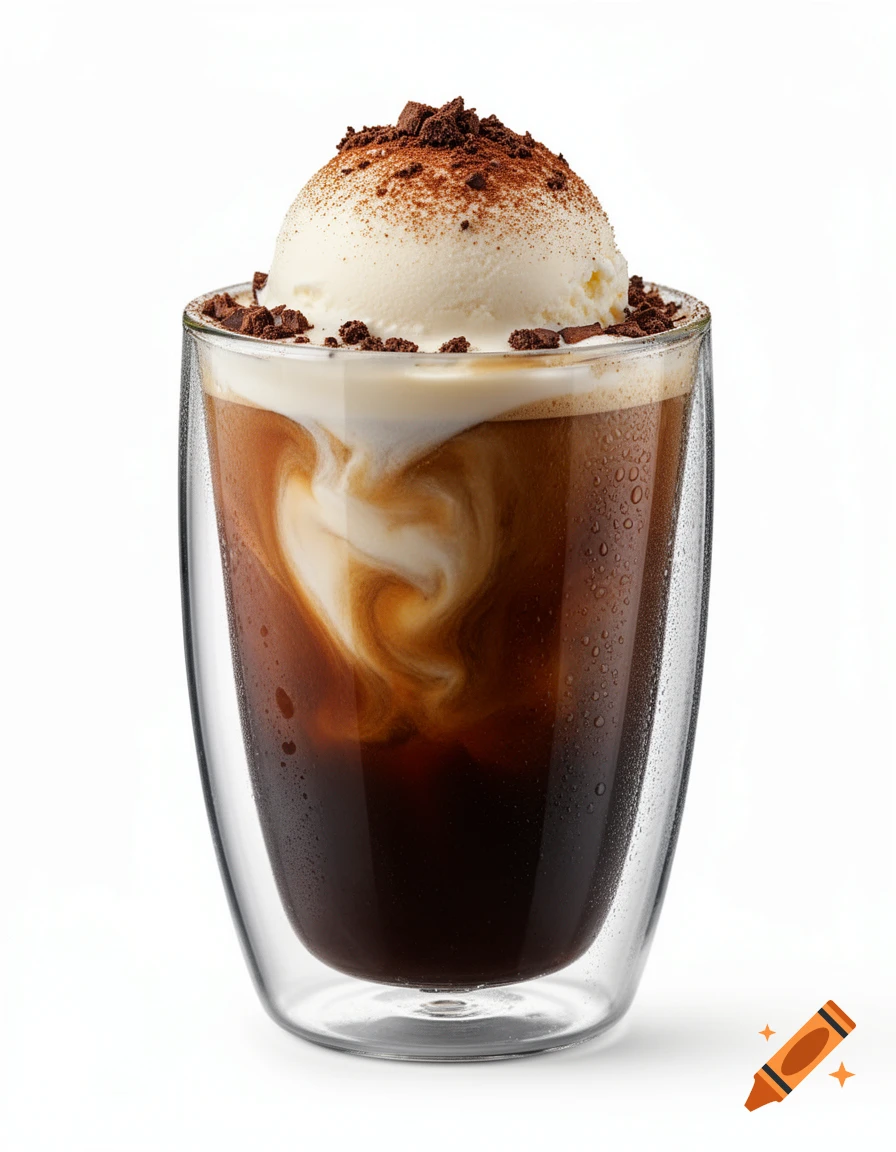 Photorealistic americano with vanilla ice cream, chocolate crumbs, and cinnamon in a double-walled glass on a white background.