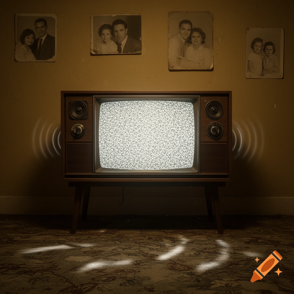 A vintage television set with a static screen sits in a dimly lit room with old family photos on the wall above it, emitting light onto the floor.