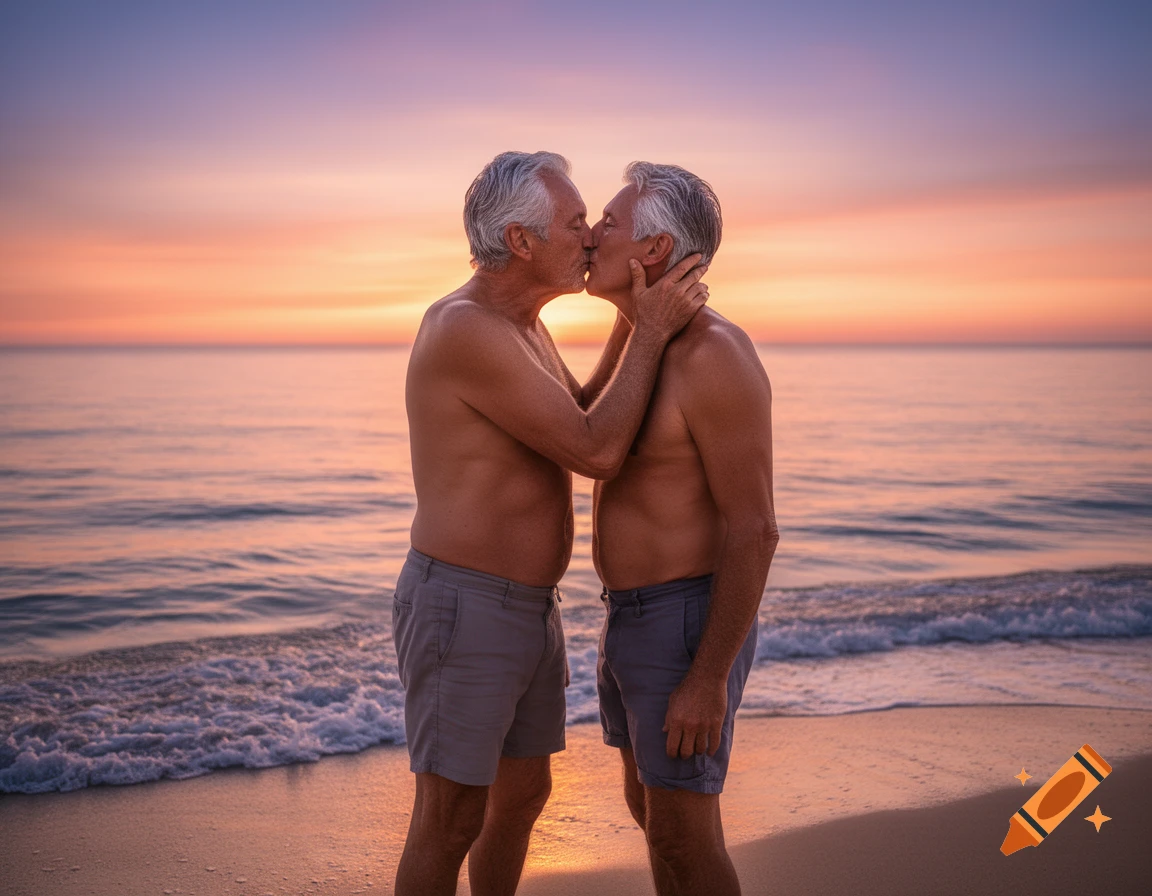Two shirtless mature men kiss on a sandy beach during a beautiful sunset, photorealistic style.